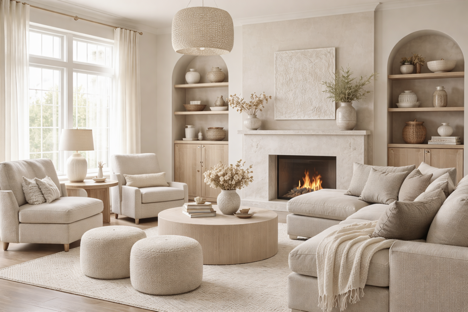 Neutral living room palette with warm whites and soft greige tones