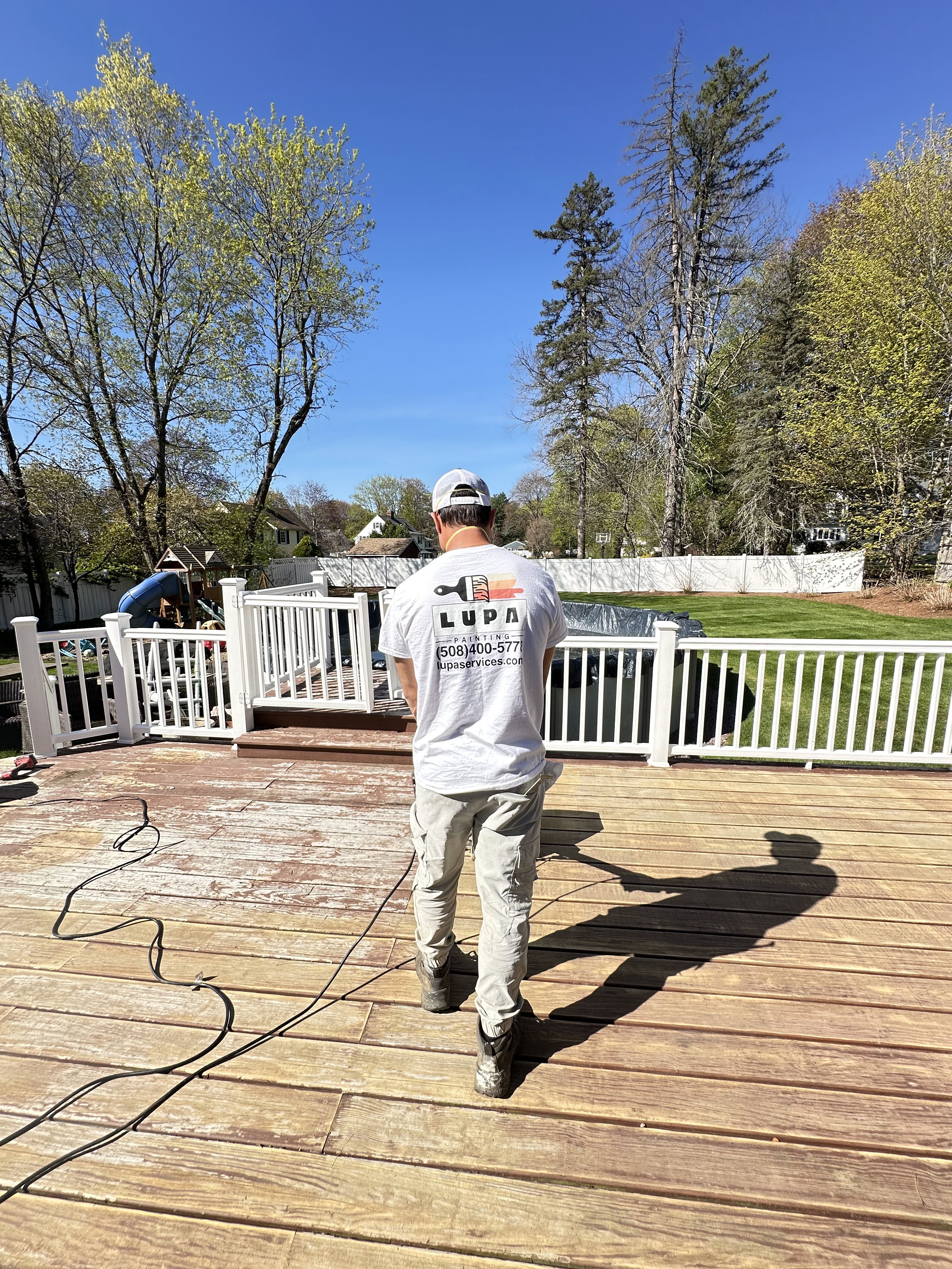 Close-up of deck stain finish showing wood grain and exterior protection