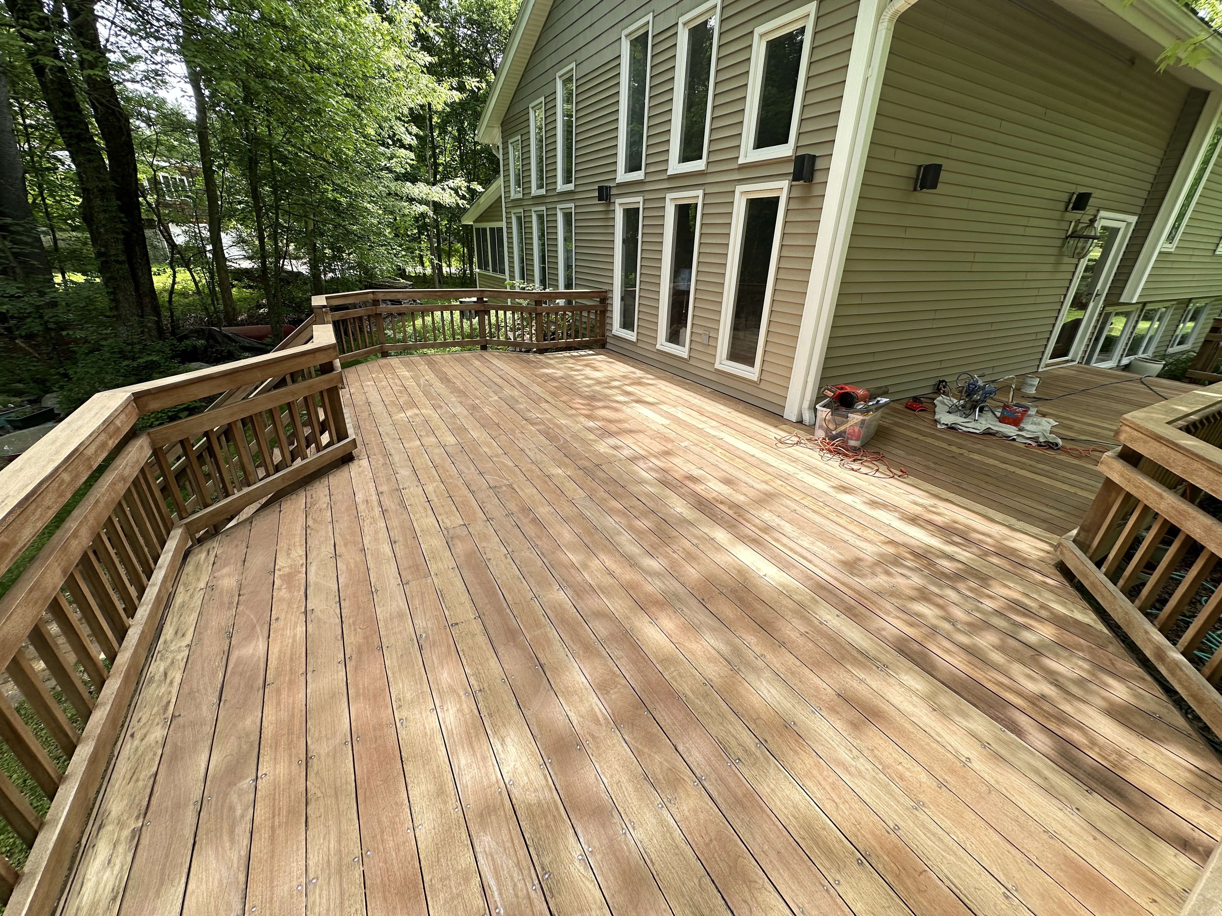 Deck paint or stain finish detail showing smooth protection on exterior wood
